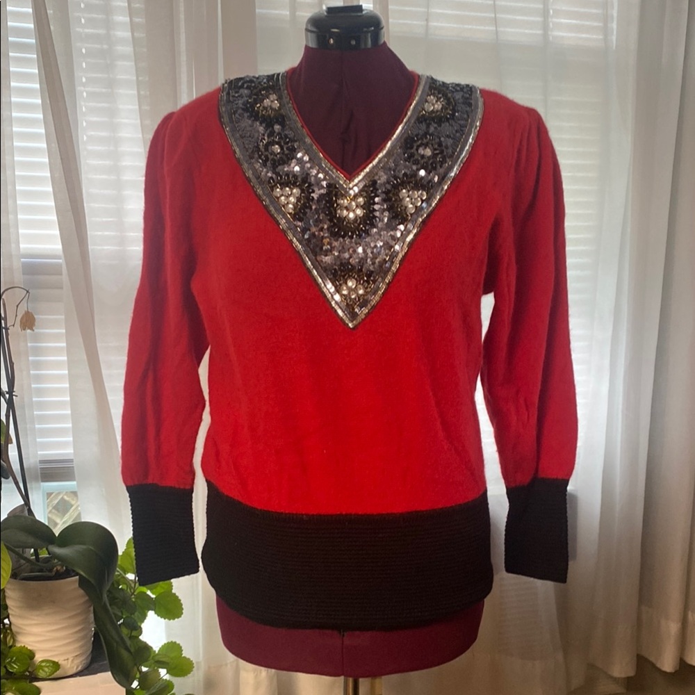 Vintage Spree International V-Neck Sweater in Red and Black with Sequins